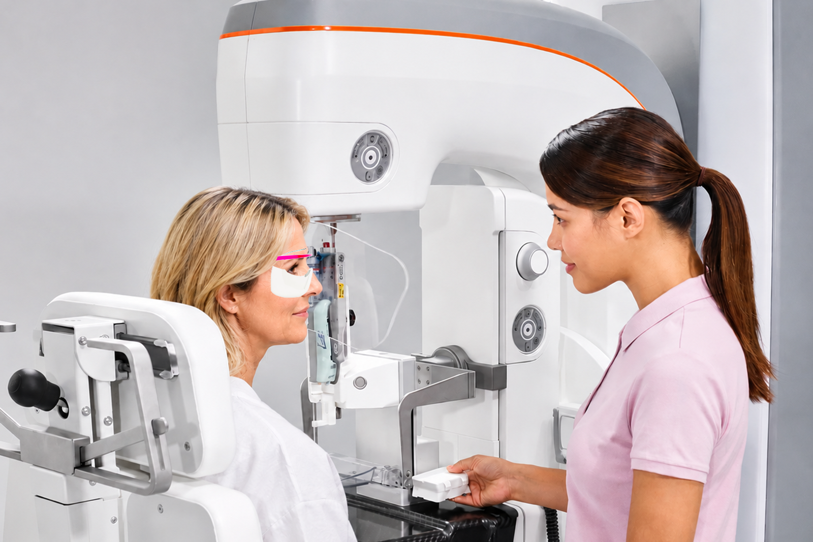 Patient wearing Akoya Eye Shield during breast biopsy and women's imaging care