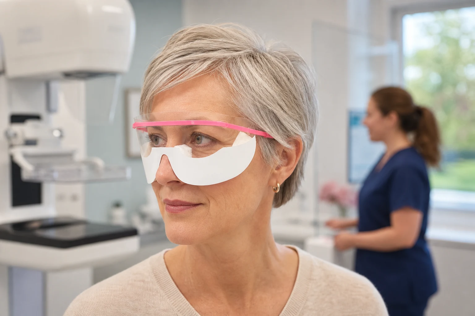 Close view of a patient wearing Akoya eyewear in a women's imaging setting