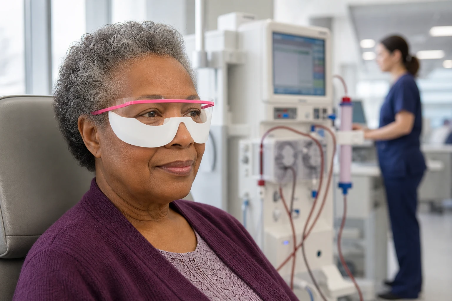 Wider view of a patient wearing Akoya eyewear in a treatment environment