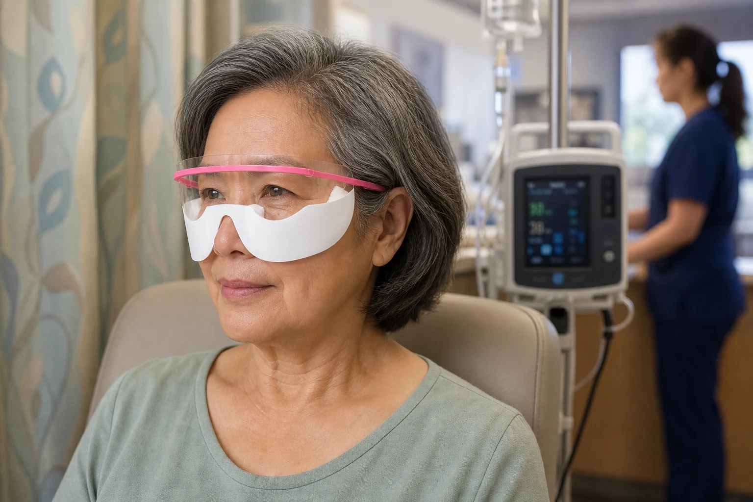 Woman wearing the Akoya Eye Shield with her glasses in a clinical setting
