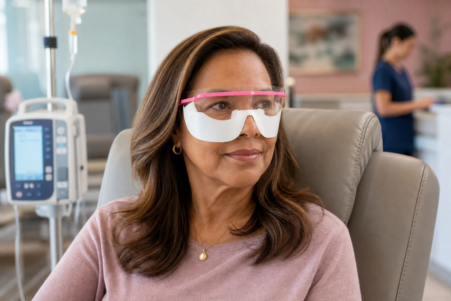 Patient wearing Akoya eyewear with a nurse nearby in an infusion clinic