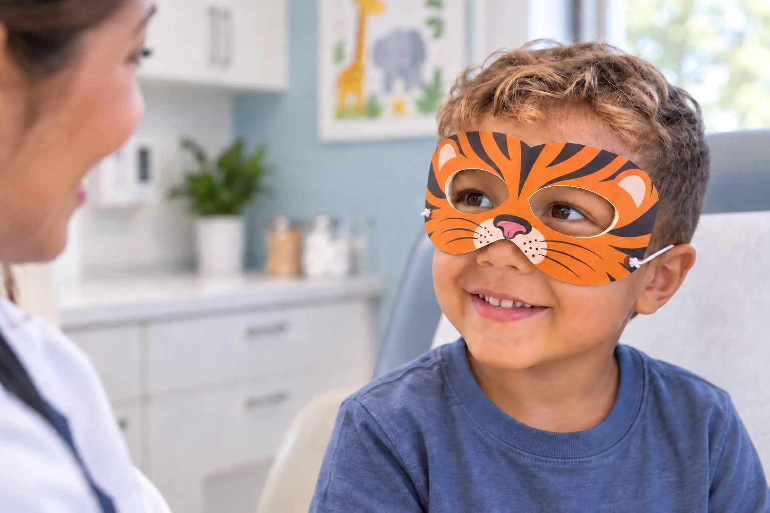 Child wearing the Akoya Pediatric Character Eyewear in a clinic
