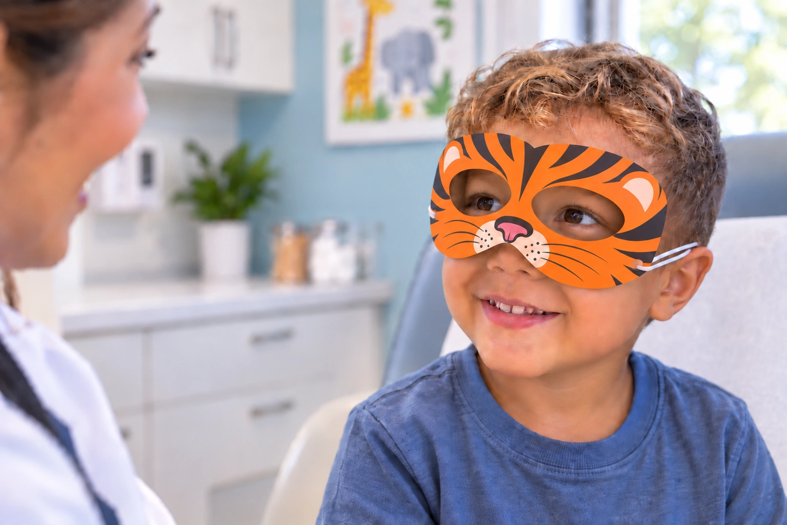 Child wearing the Akoya Pediatric Character Eyewear in a clinic