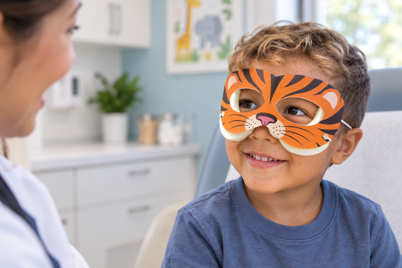 Illustration of a child wearing the tiger character mask in a pediatric clinic